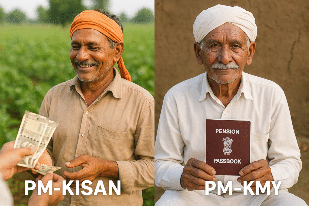 PM-KISAN और PM-KMY योजना में अंतर दर्शाती हुई चित्र – किसान सहायता और पेंशन का तुलनात्मक दृश्य